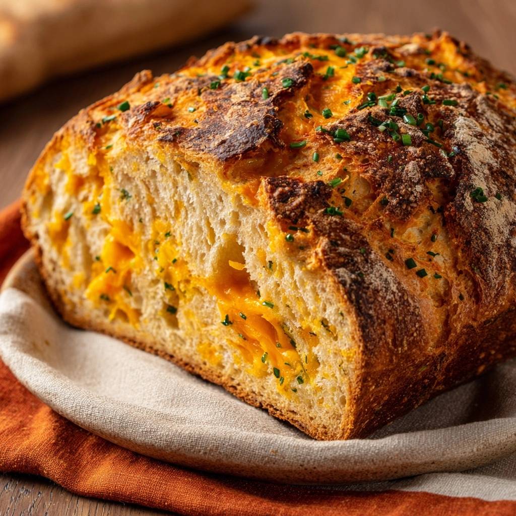 Knuspriges Cheddar-Schnittlauch-Brot zeigt einen verlockenden Querschnitt, der die geschmolzene Käsefüllung und die knusprige Kruste offenbart.
