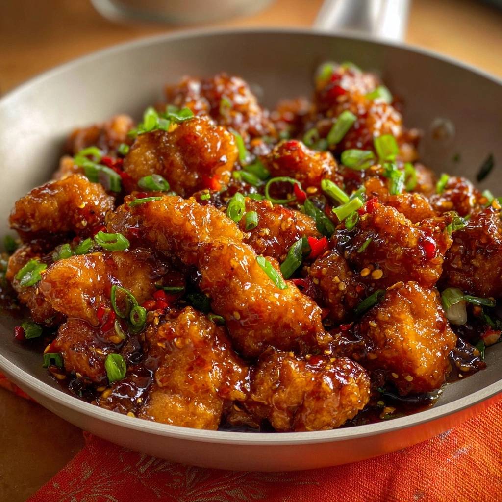Knuspriges Chili Huhn Nahaufnahme Serviert 1 Knuspriges Chili-Hähnchen in einer Schüssel serviert, mit frischem Grün garniert und mit einer glänzenden Chili-Soße bedeckt.
