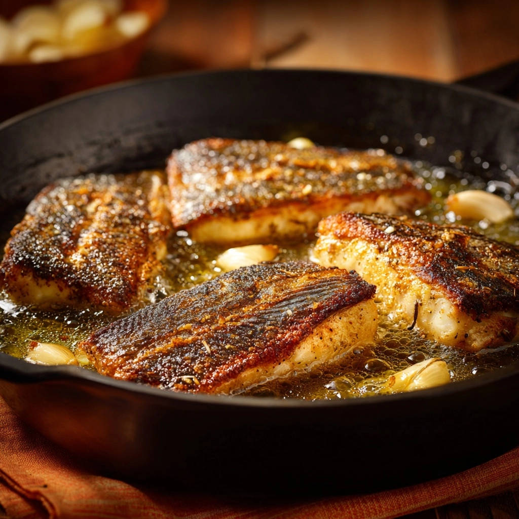 Knuspriges Fischfilet Aus Der Pfanne Nahaufnahme 1 Knuspriges Fischfilet aus der Pfanne in der Nahaufnahme: Gebraten in der Pfanne mit Knoblauch, mit perfekt krosser Haut und saftigem Inneren.