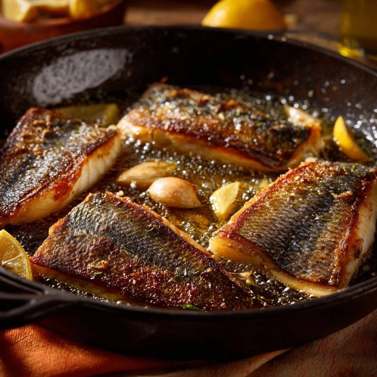 Knuspriges Fischfilet aus der Pfanne in der Nahaufnahme: Goldbraun gebraten mit knuspriger Haut, serviert in einer heißen Pfanne.