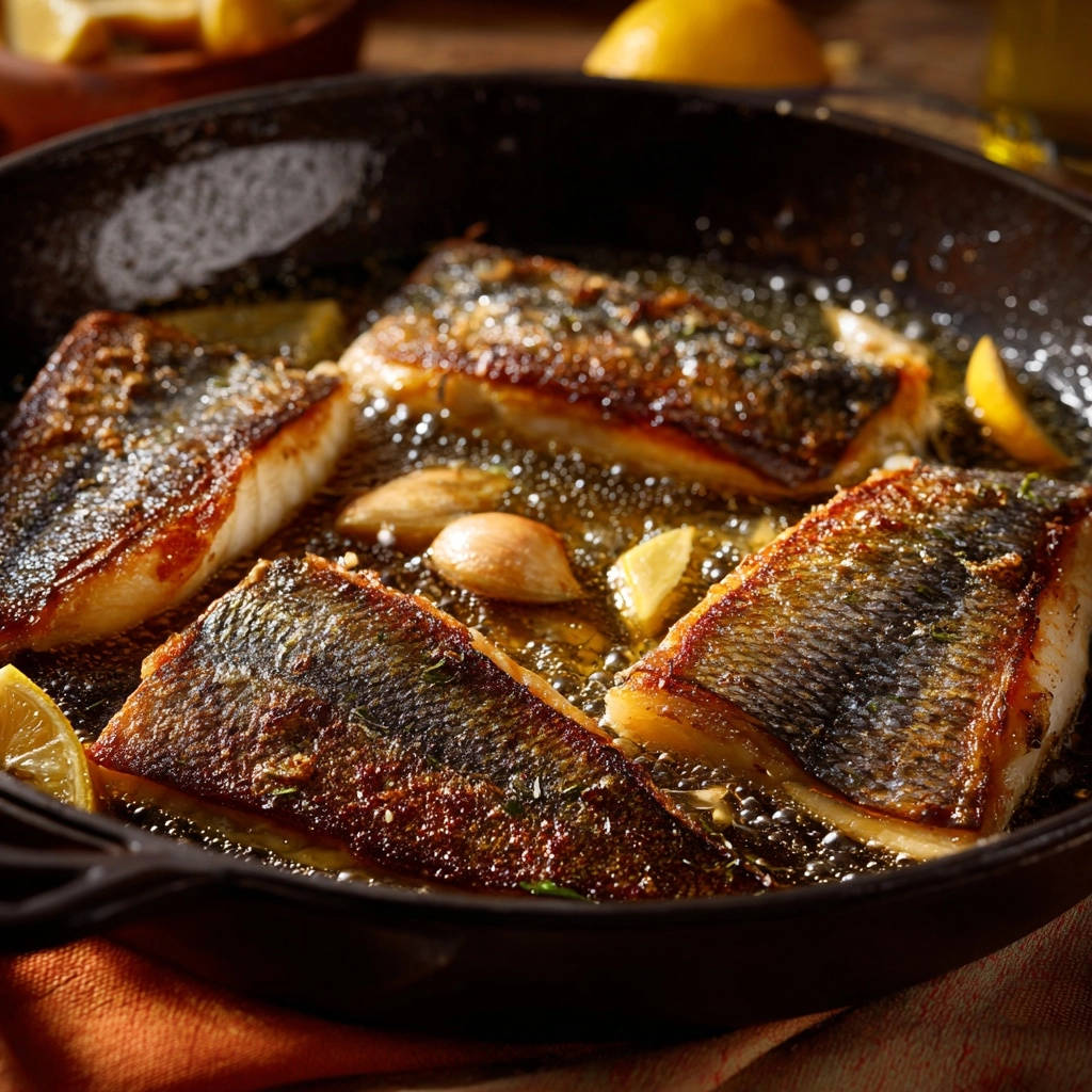 Knuspriges Fischfilet aus der Pfanne in der Nahaufnahme: Goldbraun gebraten mit knuspriger Haut, serviert in einer heißen Pfanne.