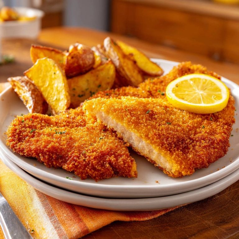 Knuspriges Hähnchen-Schnitzel mit Rosmarin-Wedges in Nahaufnahme, ein Anschnitt zeigt die saftige Innenseite des panierten Schnitzels.
