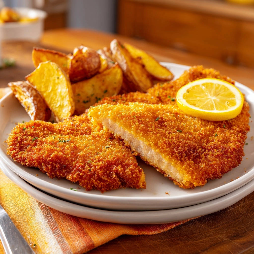 Knuspriges Hähnchen-Schnitzel mit Rosmarin-Wedges in Nahaufnahme, ein Anschnitt zeigt die saftige Innenseite des panierten Schnitzels.