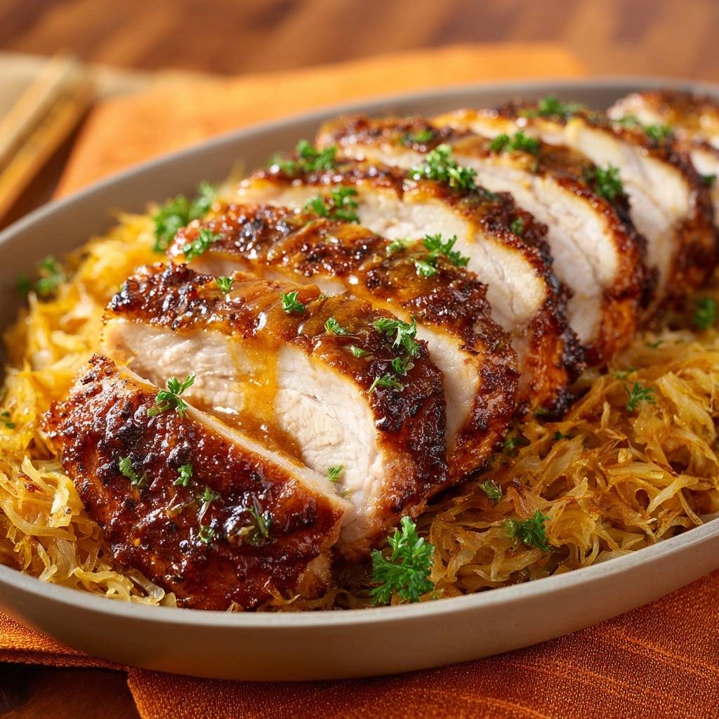 Knuspriges Hähnchen auf Sauerkraut, serviert in einer Auflaufform, mit einem saftigen Querschnitt, der die zarte Innenansicht zeigt.