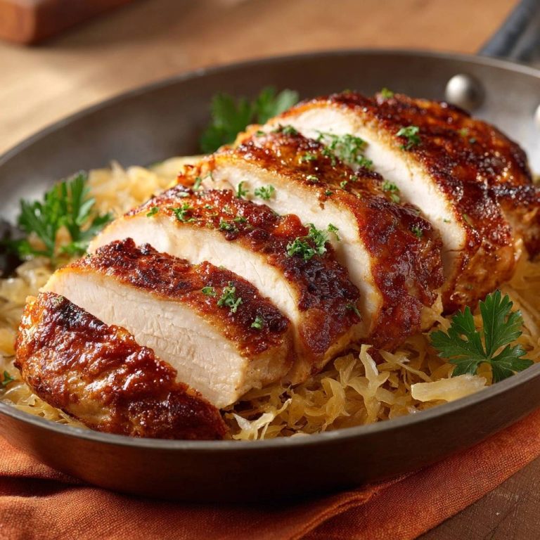 Knuspriges Hähnchen auf Sauerkraut, serviert in einer Pfanne, zeigt einen appetitlichen Querschnitt der saftigen Hähnchenbrust mit knuspriger Haut.