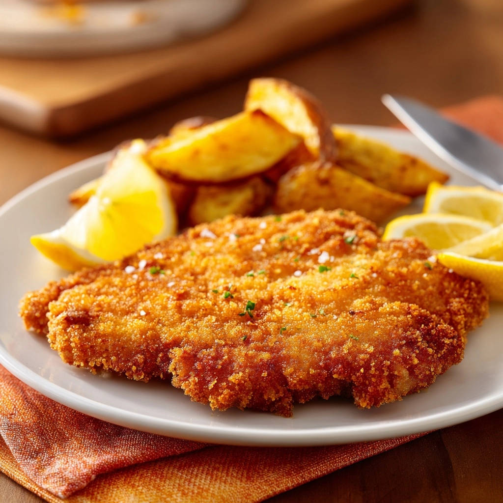 Knuspriges Huhnchen Schnitzel Serviert 1 Knuspriges Hähnchen-Schnitzel serviert auf einem weißen Teller mit Rosmarin-Wedges und Zitronenscheiben, bereit zum Genießen.