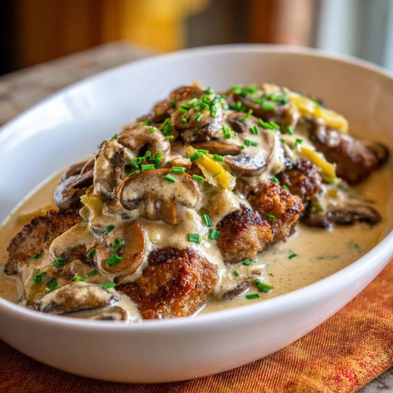 Knuspriges Rindsschnitzel mit Pilzrahmsoße in Nahaufnahme, serviert in einer weißen Schüssel, garniert mit frischen Kräutern.