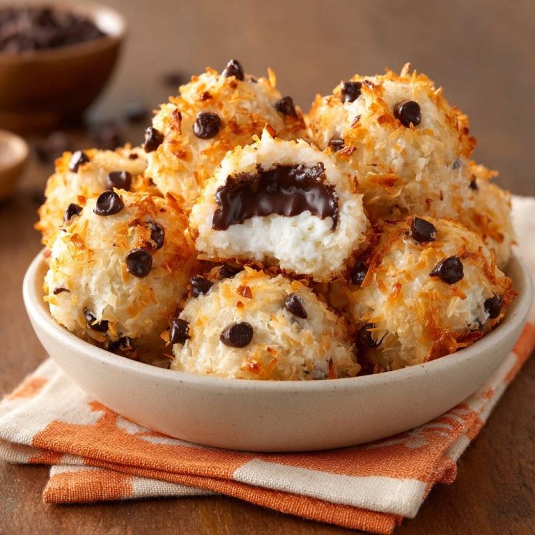 Kokos-Schoko-Makronen mit einem köstlichen Schokoladenkern, die in Nahaufnahme den weichen Innenraum zeigen und mit Kokosraspeln umhüllt sind.