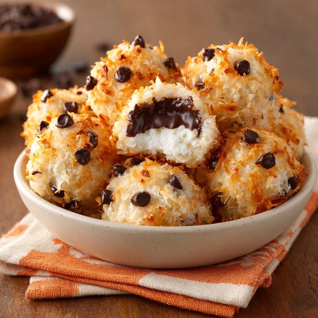 Kokos-Schoko-Makronen mit einem köstlichen Schokoladenkern, die in Nahaufnahme den weichen Innenraum zeigen und mit Kokosraspeln umhüllt sind.