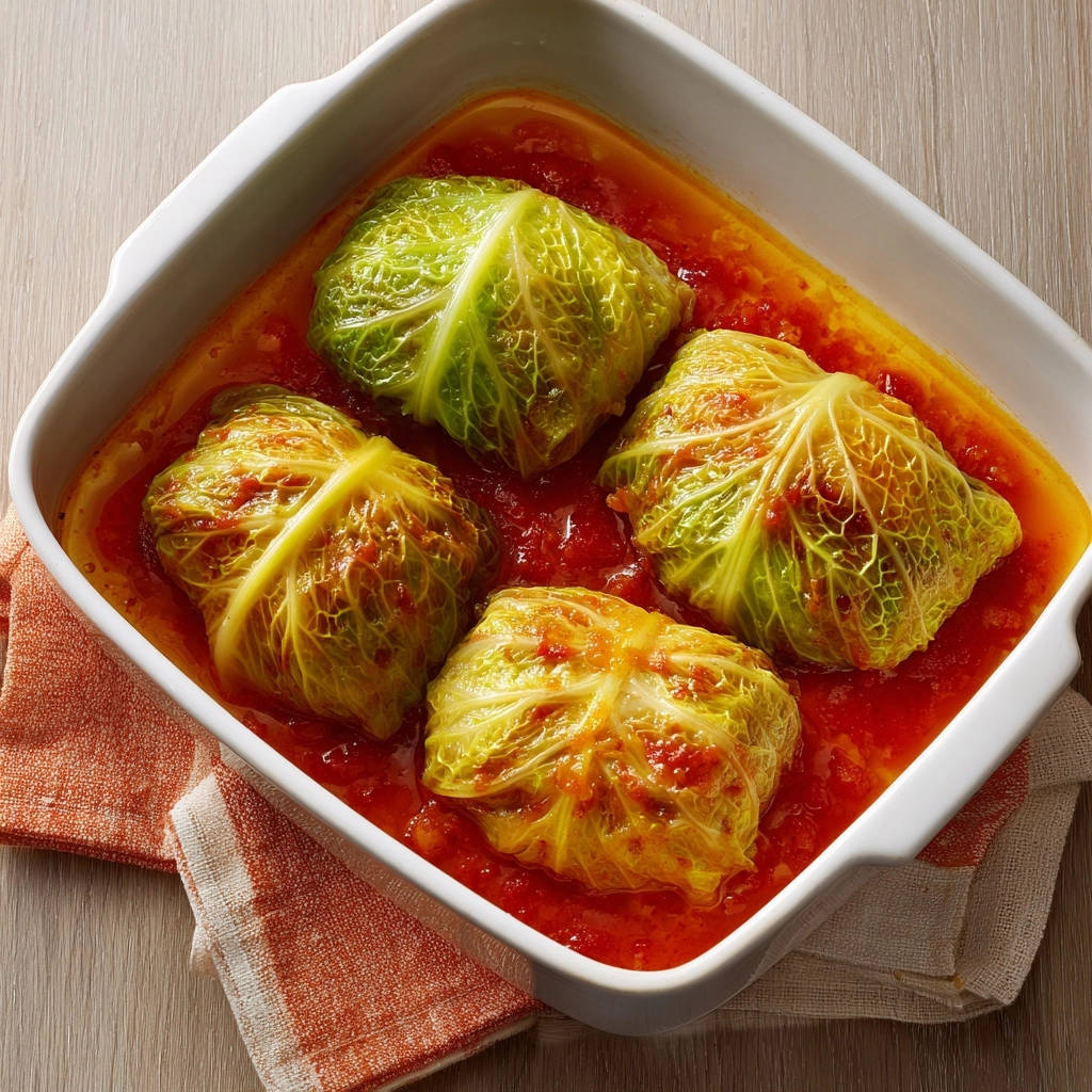 Krautwickel nach Omas Art in einer Auflaufform zubereitet, ein köstliches Gericht mit zarten Kohlrouladen in Tomatensauce.