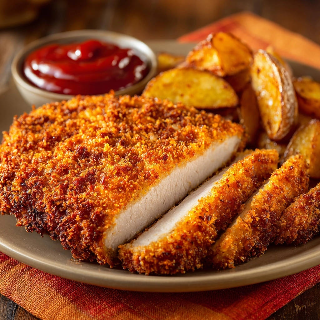 Kross gebratenes Hähnchen-Schnitzel zeigt hier einen appetitlichen Querschnitt, der die saftige Innenseite und die knusprige Panade offenbart.