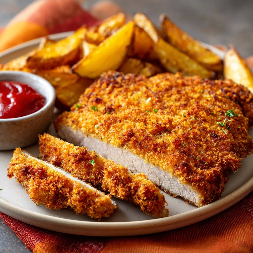 Kross gebratenes Hähnchen-Schnitzel in Nahaufnahme: Der Anschnitt zeigt das saftige Fleisch und die knusprige Panade. Dazu knusprige Kartoffelspalten und Ketchup.