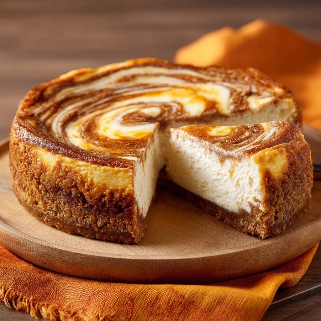 Kürbis-Swirl-Cheesecake mit einem saftigen Anschnitt, der die cremige Textur und das schöne Wirbelmuster zeigt.