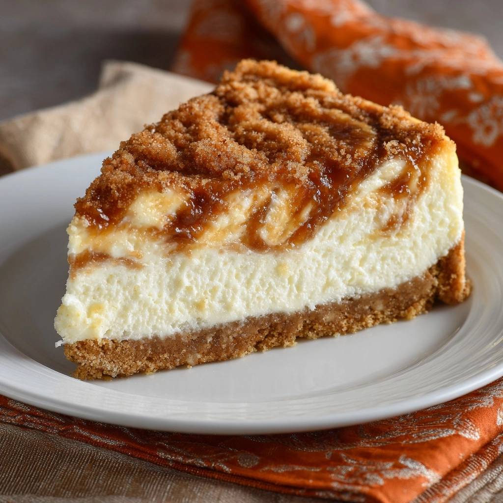 Kürbis-Swirl-Cheesecake in Nahaufnahme: Ein cremiger, saftiger Querschnitt auf einem Teller, serviert und bereit zum Genießen.