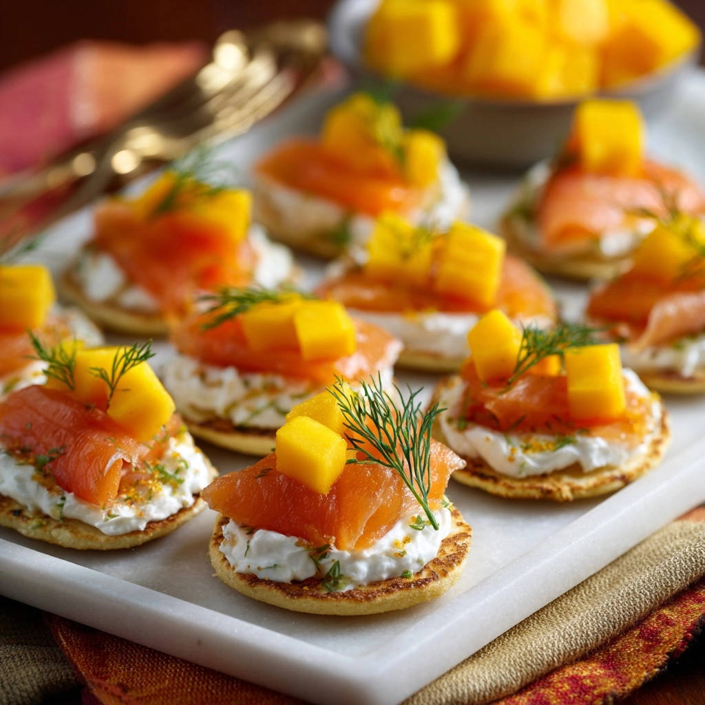 Lachs-Mango-Blinis mit Frischkäsecreme von oben, serviert auf einem weißen Tablett mit frischer Dill-Garnitur und Mango-Würfeln.