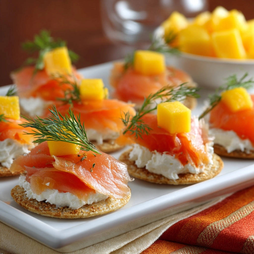 Lachs-Mango-Blinis mit Frischkäsecreme serviert auf einem weißen Teller, garniert mit Dill und Mango-Würfeln, bereit zum Servieren.