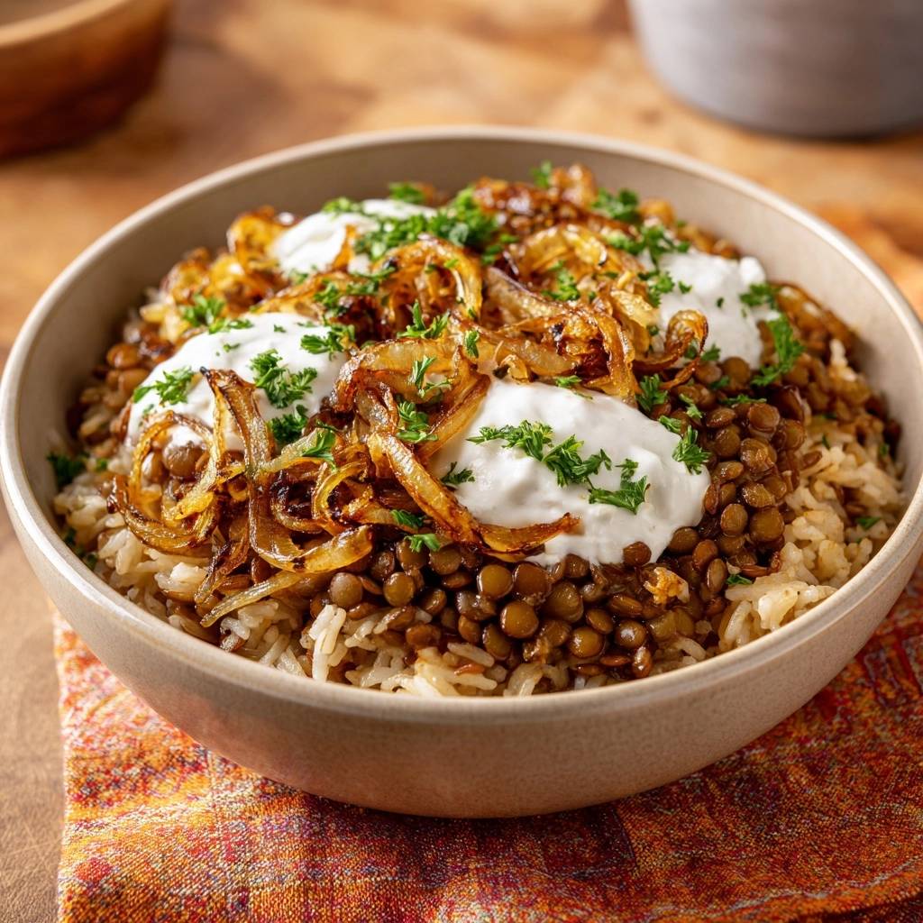 Mujaddara Linsenreis Mit Joghurt Draufsicht Serviert 1 Mujaddara – Linsenreis mit Joghurt wird in einer Schüssel serviert, garniert mit knusprigen Zwiebeln, Joghurt und frischer Petersilie.