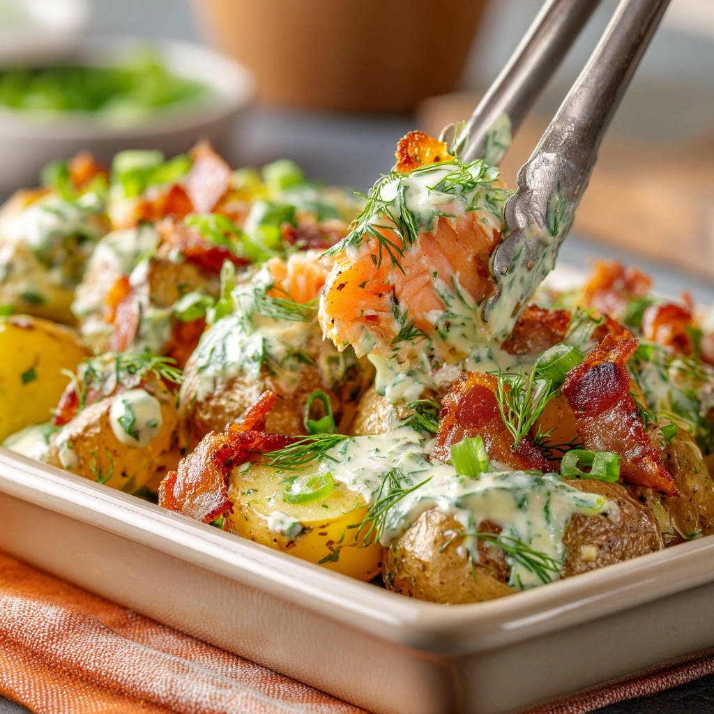 Ofen-Lachs mit Dill-Sahne, Knusper-Bacon und Rosmarin-Kartoffeln: Nahaufnahme eines servierten Gerichts, das mit knusprigem Bacon und frischem Dill garniert ist.
