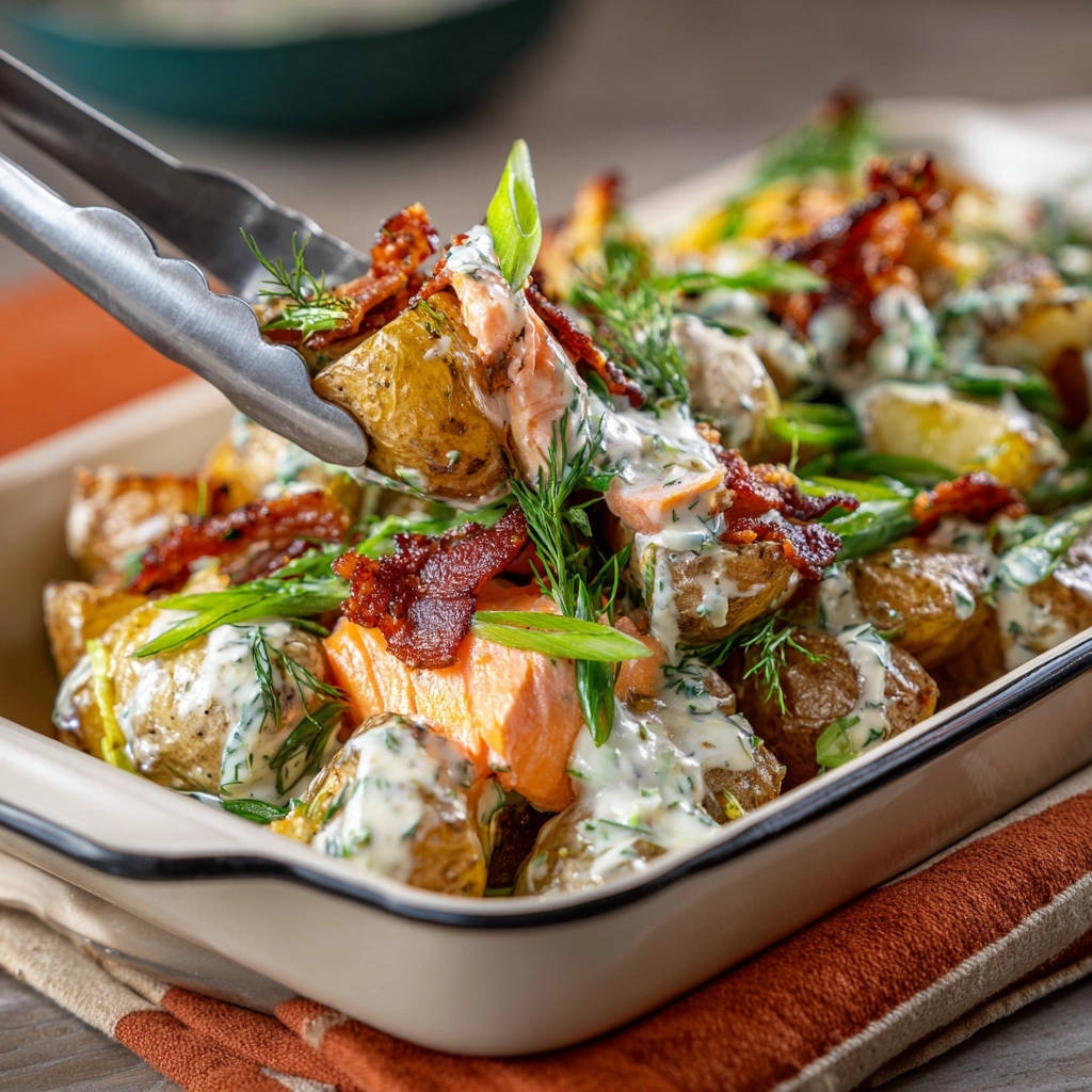 Ofen Lachs Dill Sahne Knusper Bacon Rosmarin Kartoffeln Serv 1 Ofen-Lachs mit Dill-Sahne, Knusper-Bacon und Rosmarin-Kartoffeln, serviert in einer Auflaufform, mit Zange, die eine Kartoffel hält.