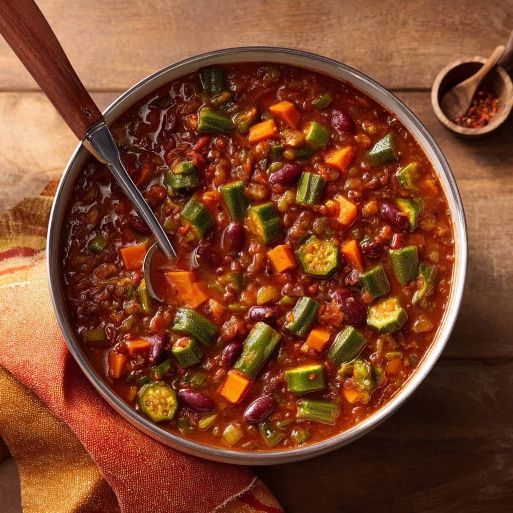 Okra-Bohnen-Eintopf, serviert in einem Topf, mit Löffel, Okra und Bohnen in einer herzhaften Brühe.
