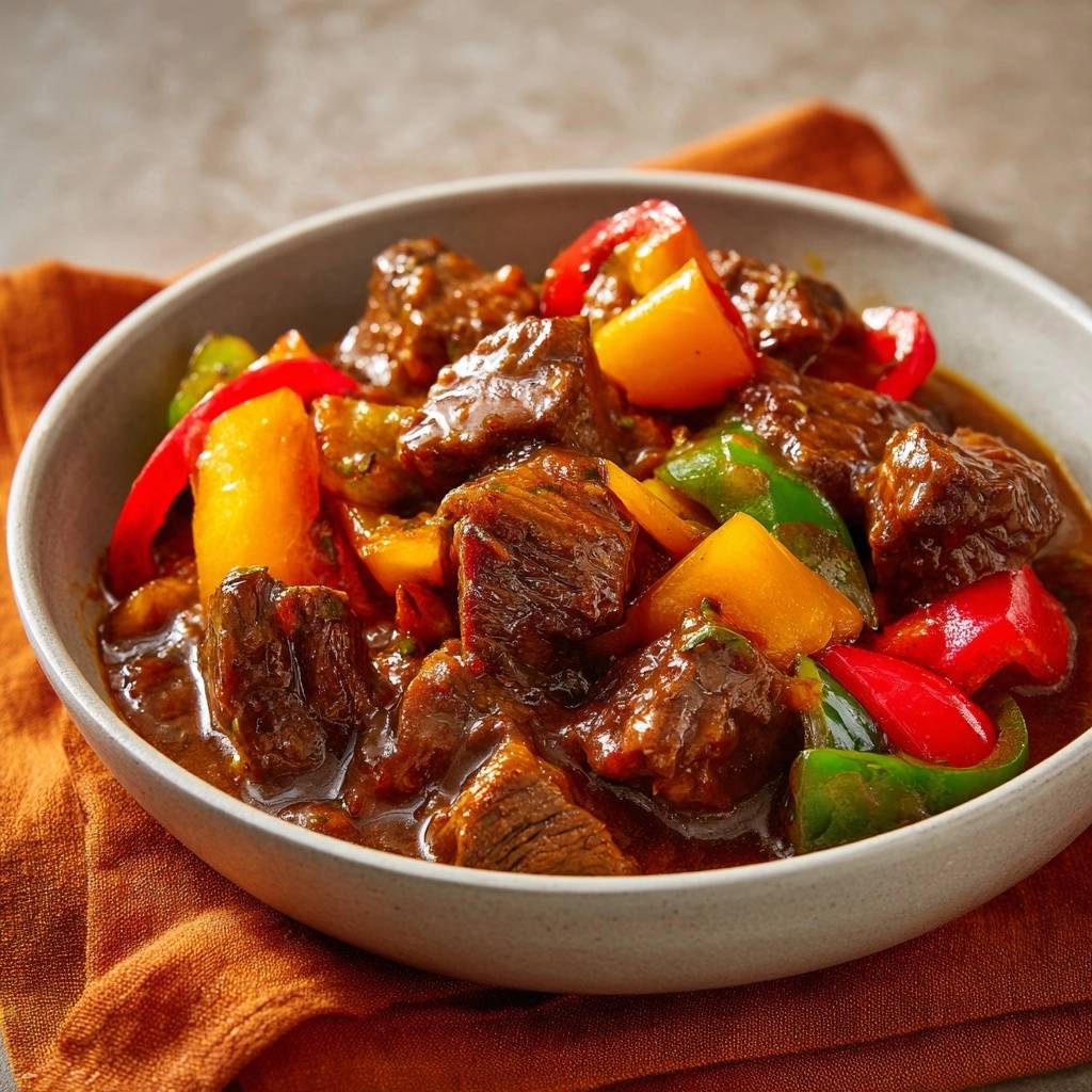 Paprika Rindfleisch Gulasch Nahaufnahme 1 Paprika-Rindfleisch-Gulasch in Nahaufnahme, serviert in einer Schüssel, mit saftigem Fleisch und buntem Paprika. Ein deftiges Gericht für Feinschmecker.