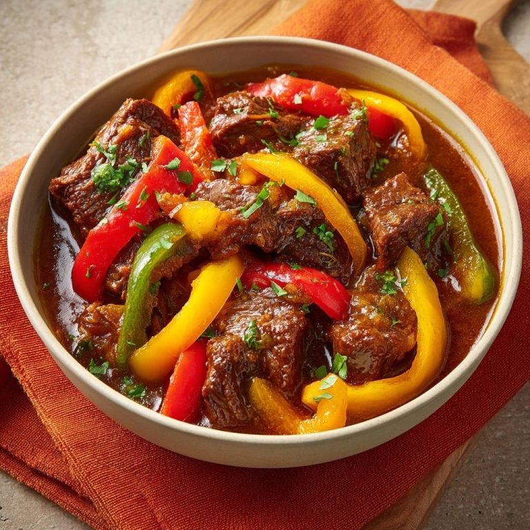 Paprika-Rindfleisch-Gulasch in einer Schüssel serviert. Die Nahaufnahme zeigt das zarte Fleisch und die bunten Paprikastreifen.