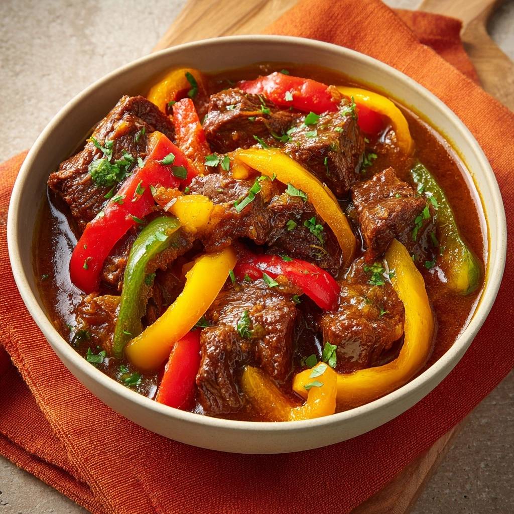 Paprika-Rindfleisch-Gulasch in einer Schüssel serviert. Die Nahaufnahme zeigt das zarte Fleisch und die bunten Paprikastreifen.