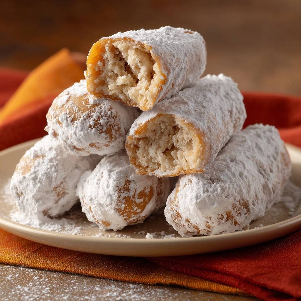 Perfekte Puderzucker Churros Querschnitt 1 Perfekte Puderzucker-Churros mit einem köstlichen Querschnitt, der die fluffige Innenseite zeigt und mit Puderzucker bestäubt ist.