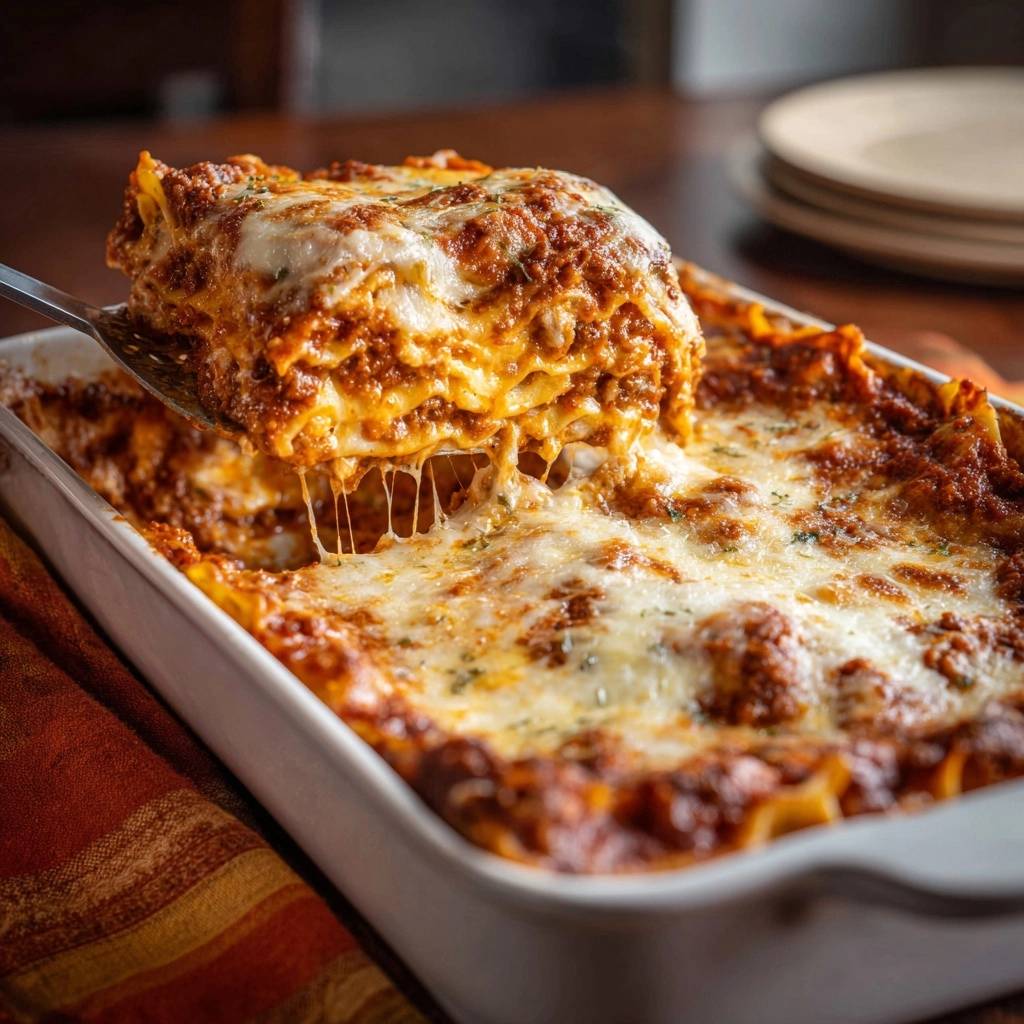 Perfekte Rindfleisch Lasagne Querschnitt Kaese Zieht 1 Perfekte Rindfleisch-Lasagne: Ein köstlicher Querschnitt mit geschmolzenem Käse, der verführerisch in Fäden gezogen wird.