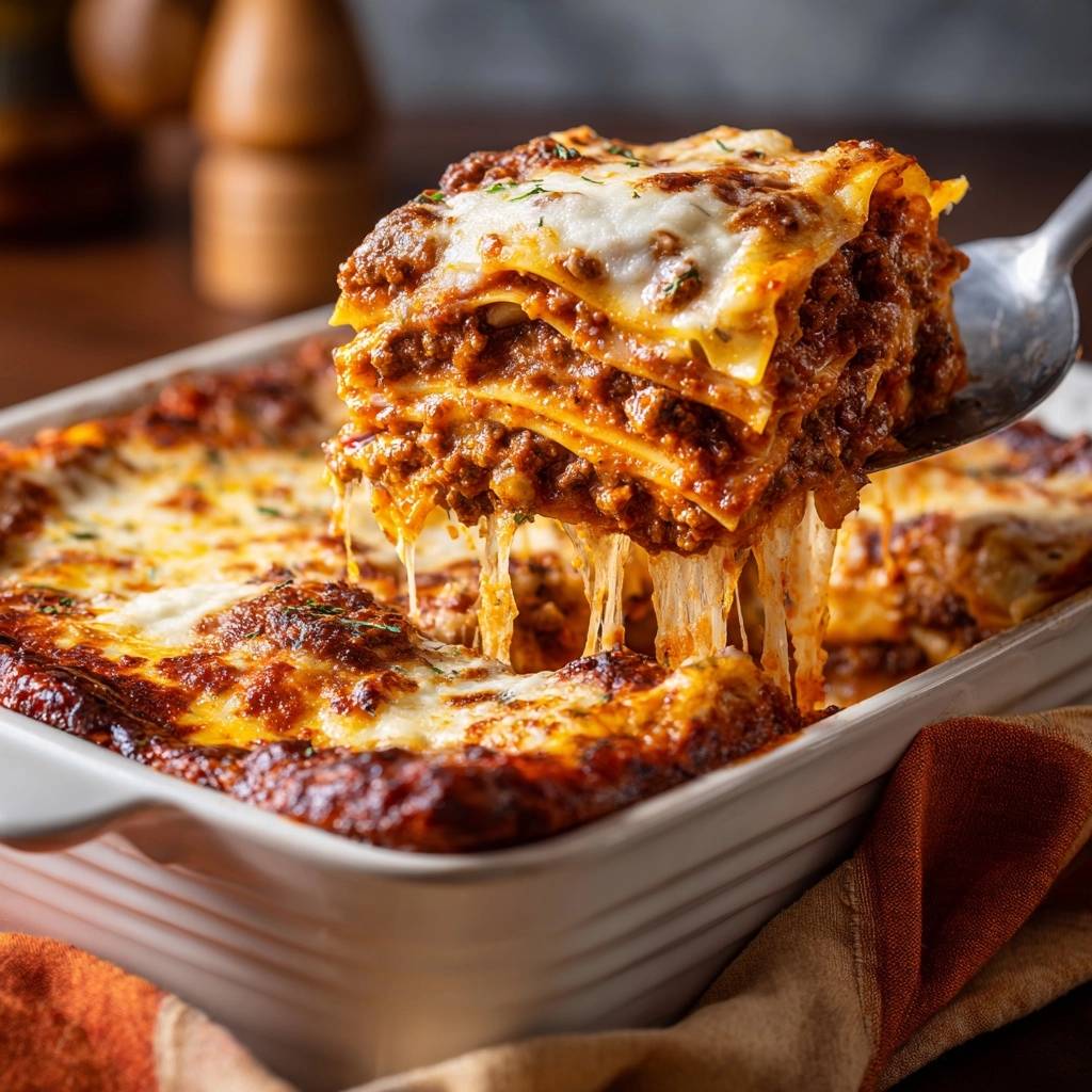 Perfekte Rindfleisch-Lasagne: Ein Nahaufnahme-Querschnitt zeigt die geschichteten Nudeln, das Fleisch und den geschmolzenen Käse, der gerade gezogen wird.
