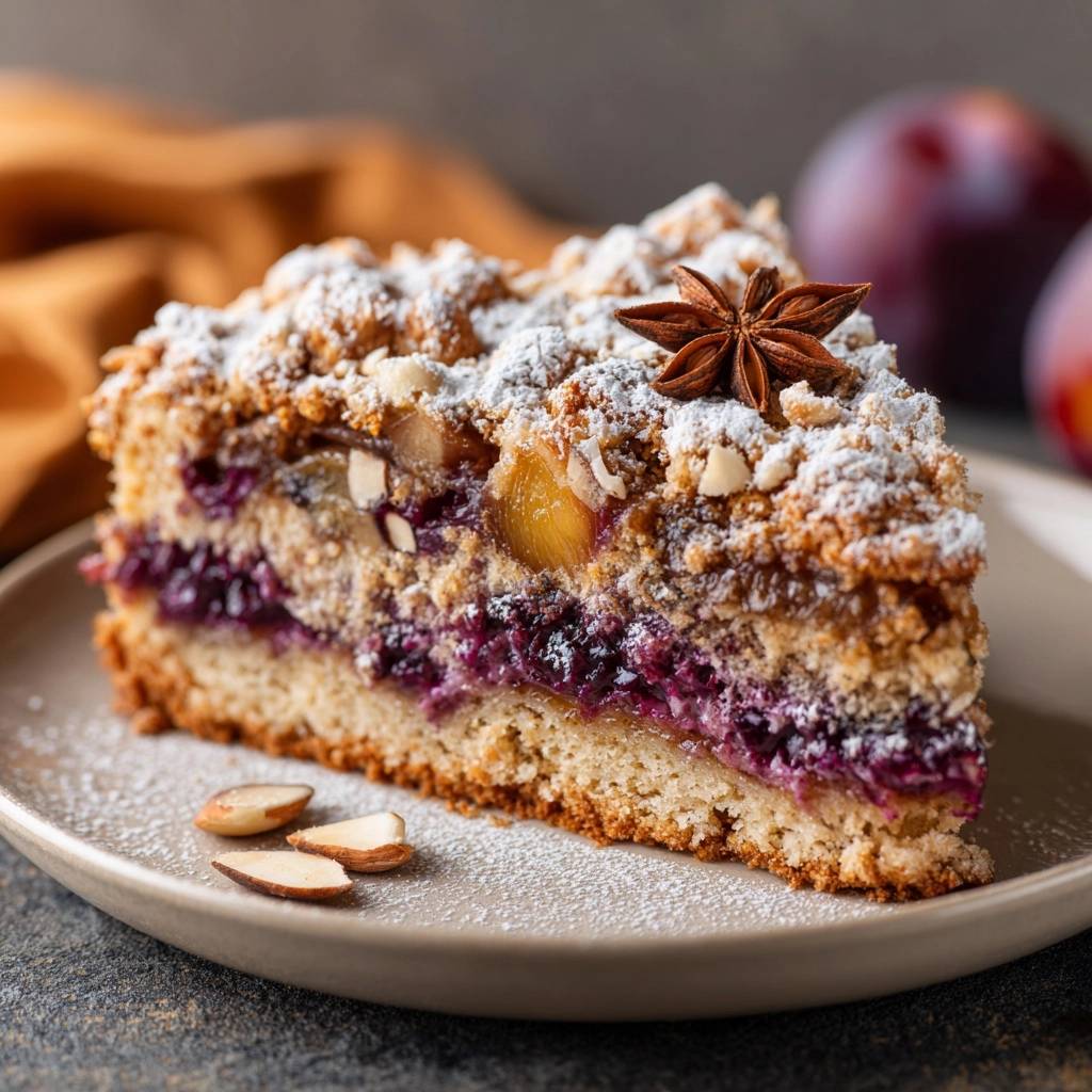 Pflaumen-Birnen-Streuselkuchen im Anschnitt, der die saftige Füllung mit Pflaumen und Birnen sowie die knusprigen Streusel zeigt.