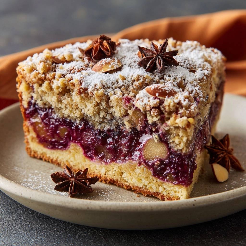 Pflaumen-Birnen-Streuselkuchen, eine köstliche Scheibe mit einem Nahaufnahme-Querschnitt, serviert auf einem hellen Teller, garniert mit Sternanis.