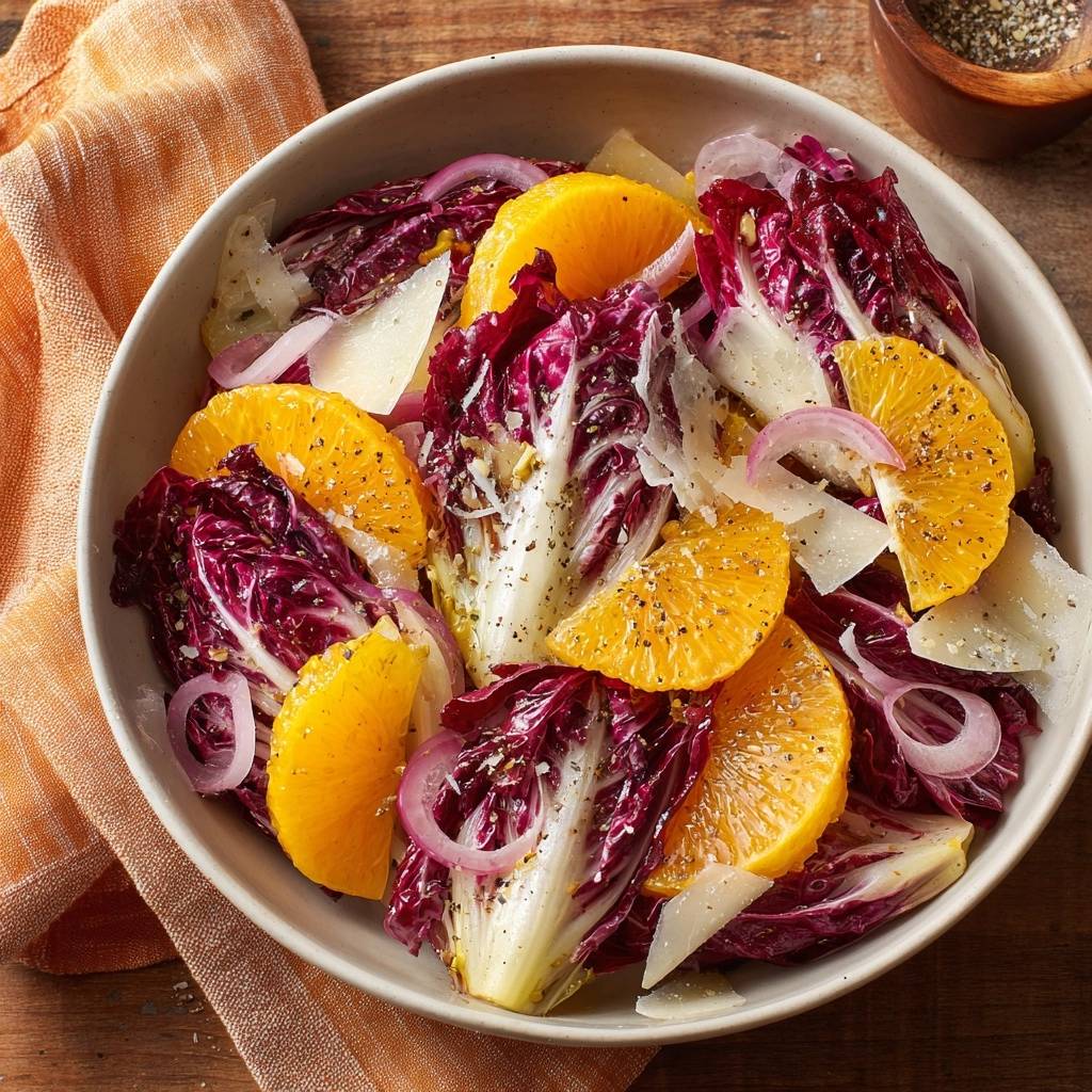 Radicchio-Orangen-Salat mit Pecorino in einer Schüssel, von oben betrachtet, mit roten Zwiebeln und Orangenscheiben.