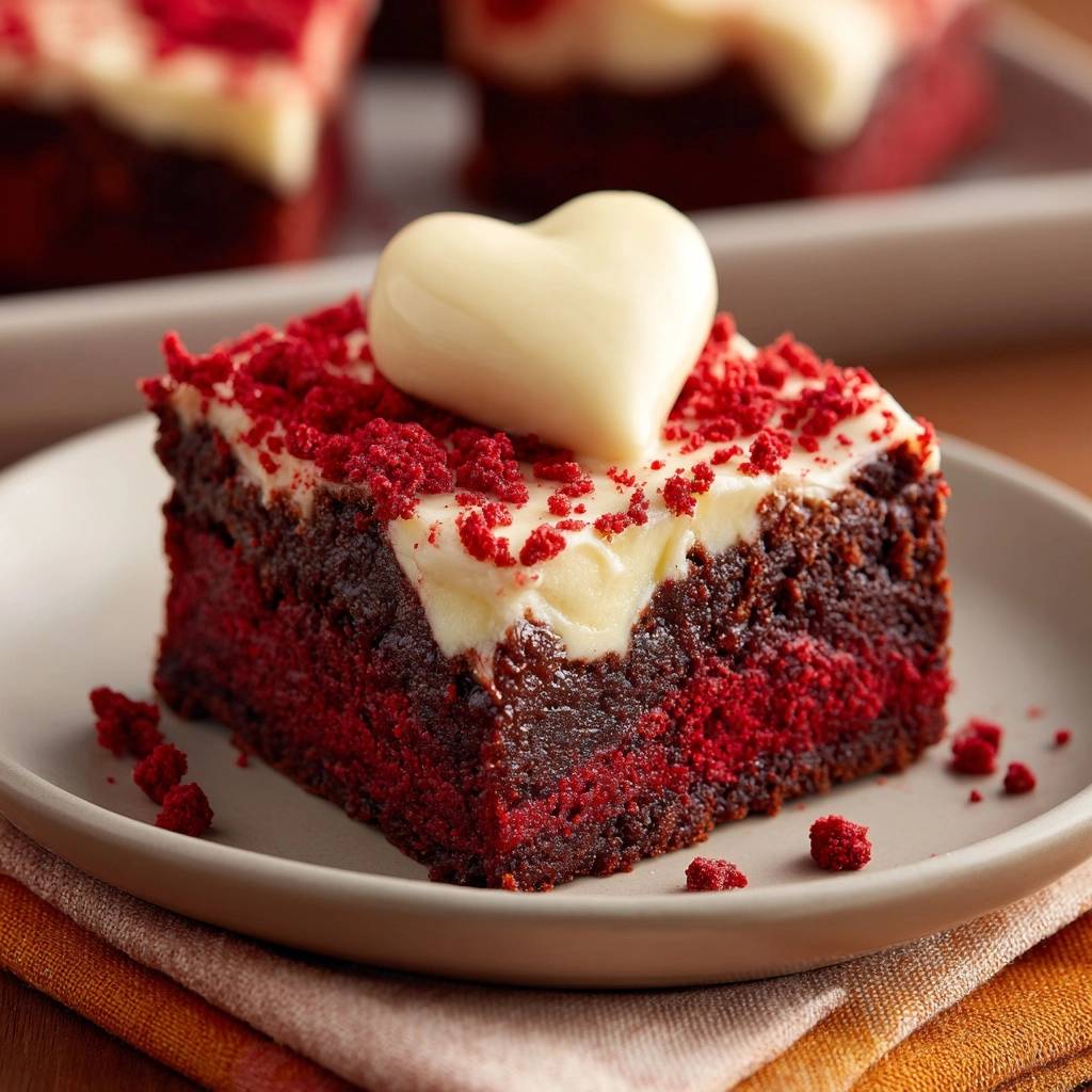 Saftiger Red Velvet Kuchen mit cremiger Glasur und einem weißen Schokoladenherz als Garnitur auf einem Teller.