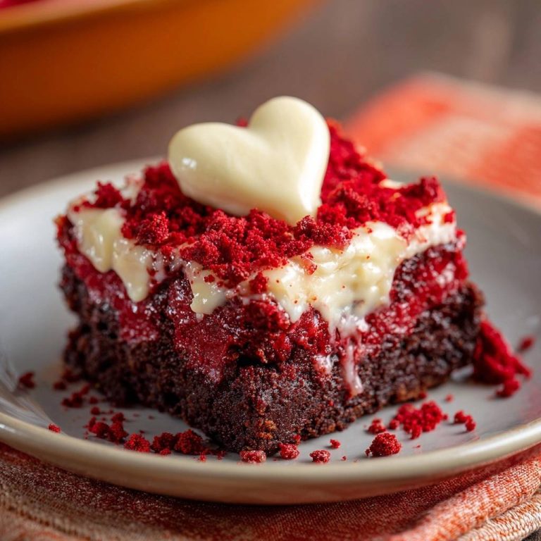 Saftiger Red Velvet Kuchen mit einer cremigen Glasur und einem weißen Herz darauf, nahaufnahme serviert