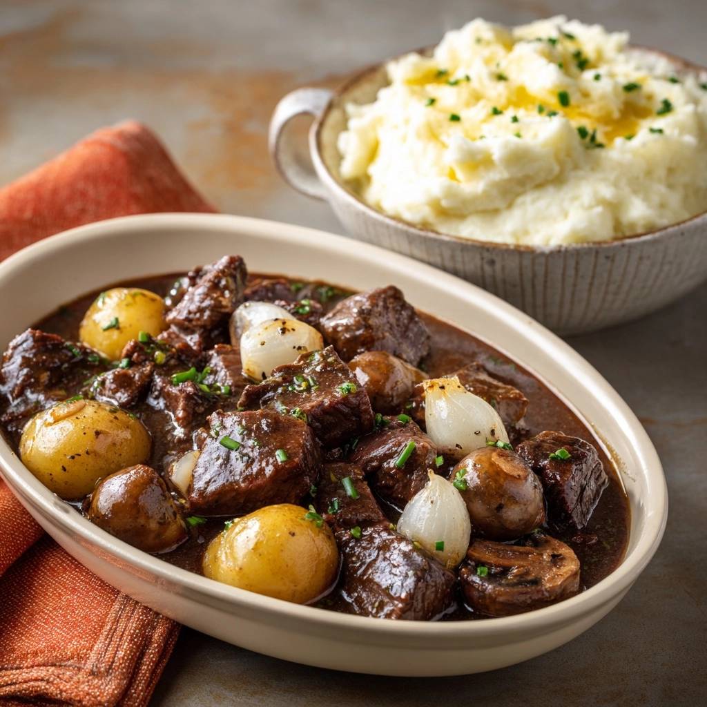 Rindergulasch Mit Champignons Und Perlkartoffeln Serviert 1 Rindergulasch mit Champignons und Perlkartoffeln serviert in einem ovalen Auflaufform, serviert mit cremigen Kartoffelpüree.
