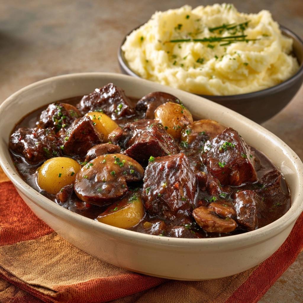 Rindergulasch mit Champignons und Perlkartoffeln serviert in einer ovalen Schüssel, serviert mit cremigen Kartoffelpüree. Ein köstliches, herzhaftes Gericht.