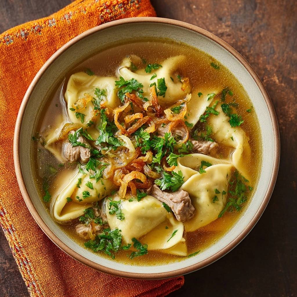 Rindfleisch-Ravioli in goldener Brühe aus der Vogelperspektive, mit frischen Kräutern und knusprigen Zwiebeln garniert. Ein herzhaftes Gericht.