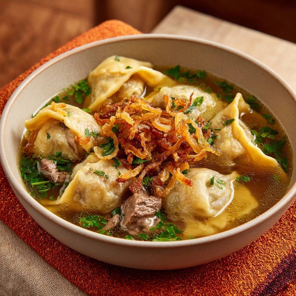 Rindfleisch-Ravioli in goldener Brühe, serviert in einer Schüssel, garniert mit knusprigen Zwiebeln und frischer Petersilie. Ein wärmendes Gericht.