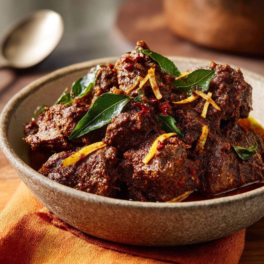 Rindfleisch Rendang Nahaufnahme Garniert 1 Rindfleisch-Rendang, eine Nahaufnahme des geschmorten Fleischs, das mit frischen Curryblättern und Zitronengras garniert ist.