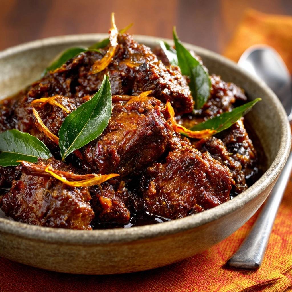 Rindfleisch-Rendang, serviert in einer rustikalen Schüssel, mit frischen Curryblättern und Orangenschalen garniert.