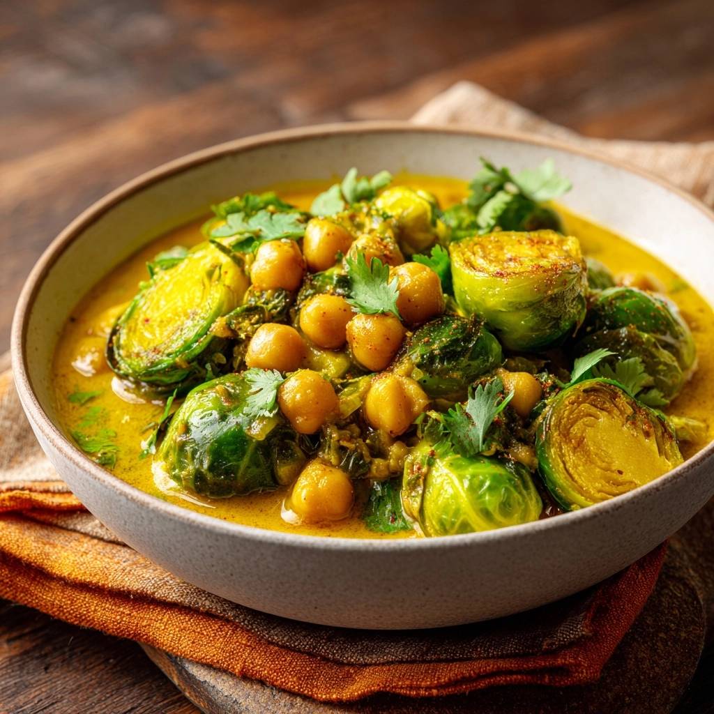 Rosenkohl-Kichererbsen-Curry, serviert in einer Schale mit Koriander garniert, zeigt die cremige Sauce und das Gemüse im Detail.