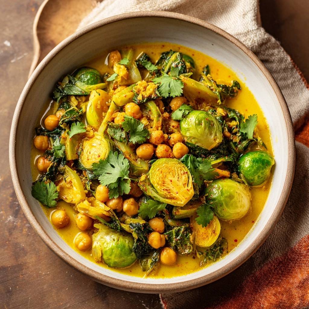 Rosenkohl-Kichererbsen-Curry als cremiges Gericht mit Kichererbsen und Rosenkohl in einer Schüssel von oben fotografiert.