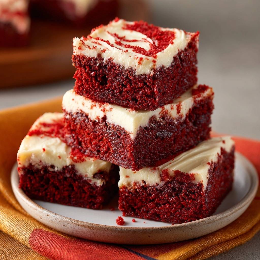 Rotvelvet-Brownies saftig und gestapelt auf einem Teller, mit cremiger Marmorierung und rotem Krümel-Topping.