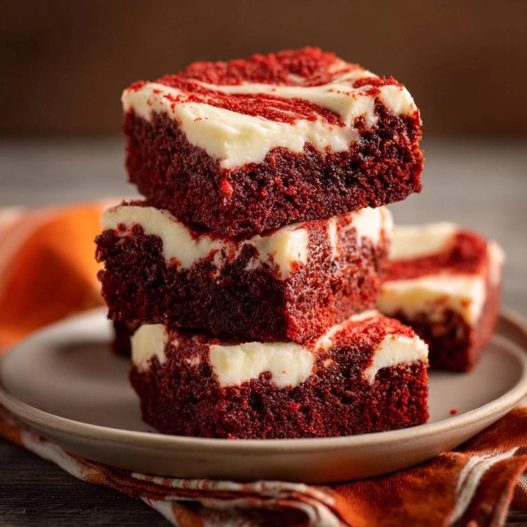 Rotvelvet-Brownies gestapelt mit Frischkäse-Swirls, Nahaufnahme der saftigen Textur und des roten Kuchens.
