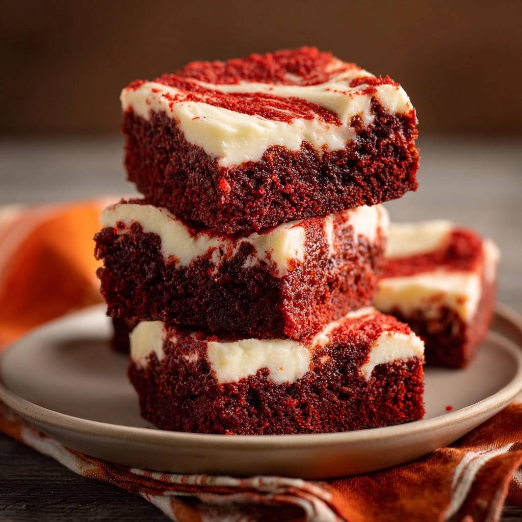 Rotvelvet-Brownies gestapelt mit Frischkäse-Swirls, Nahaufnahme der saftigen Textur und des roten Kuchens.