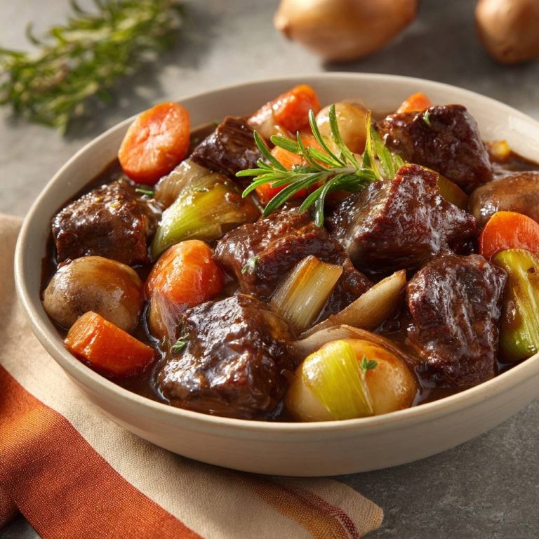 Rustikales Rindfleischgulasch in einer Schüssel, eine Nahaufnahme mit zarten Fleischstücken, Karotten und Zwiebeln, garniert mit frischem Rosmarin.