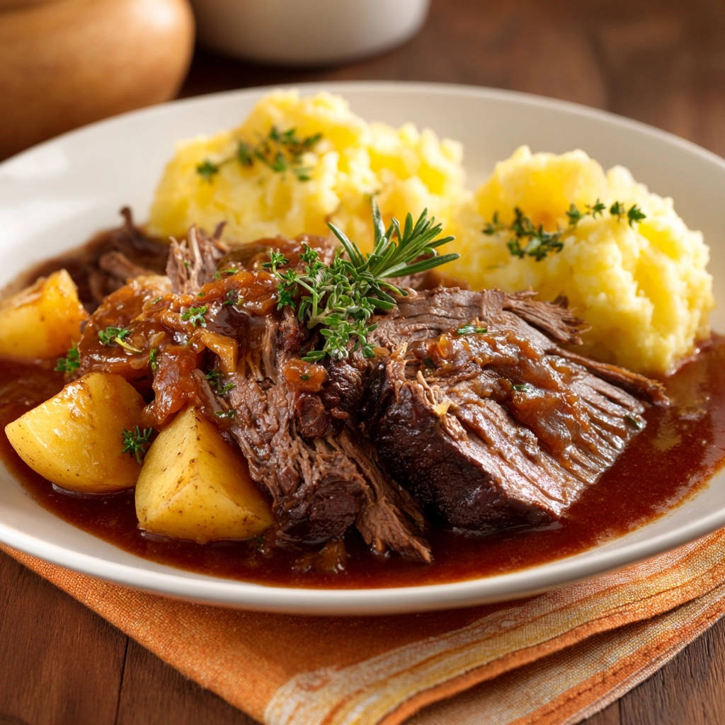 Rustikales Schmorrind mit Kartoffeln serviert auf einem Teller. Das zarte Fleisch ist von einer reichen Soße umgeben, garniert mit frischen Kräutern.
