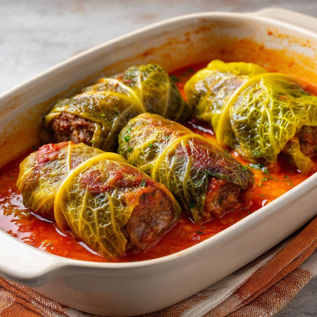 Saftig-zarte Krautwickel nach Omas Art in Nahaufnahme, geschmort in aromatischer Tomatensauce, serviert in einer Auflaufform.