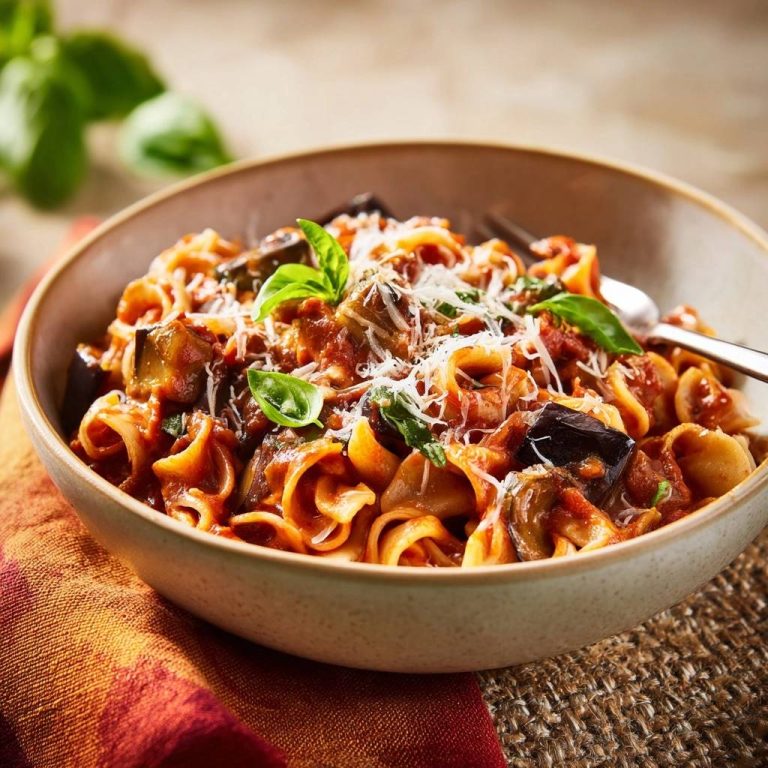 Saftige Auberginen-Pasta, serviert in einer rustikalen Schale, mit frischen Basilikumblättern garniert und mit Parmesan bestreut.